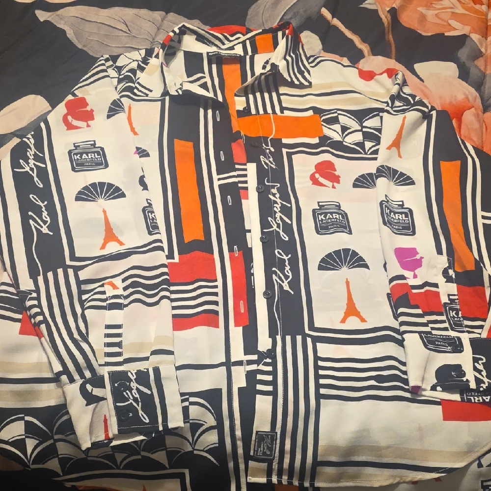Karl Lagerfeld Black White Orange Graphic Print Button-Down Shirt